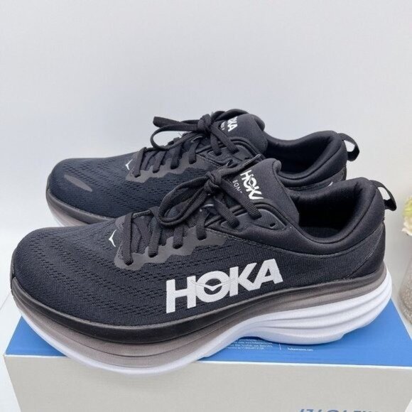 HOKA One One Bondi 8 Running Shoes Black/ White Mens Size US 9.5 D - Picture 1 of 12